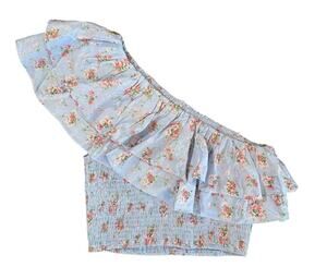 Abercrombie & Fitch Floral Smocked Off-The-Shoulder Ruffle Crop Top Blue XL